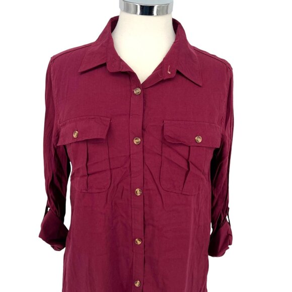 Love Notes Burgundy Collared Button-Up Roll Tab Shirt Size Medium NWT - Picture 1 of 11